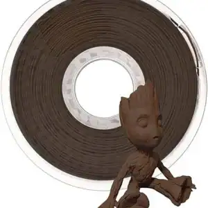 High-quality Wood PLA filament spool for 3D printing, featuring a wooden-themed figurine for creative projects.
